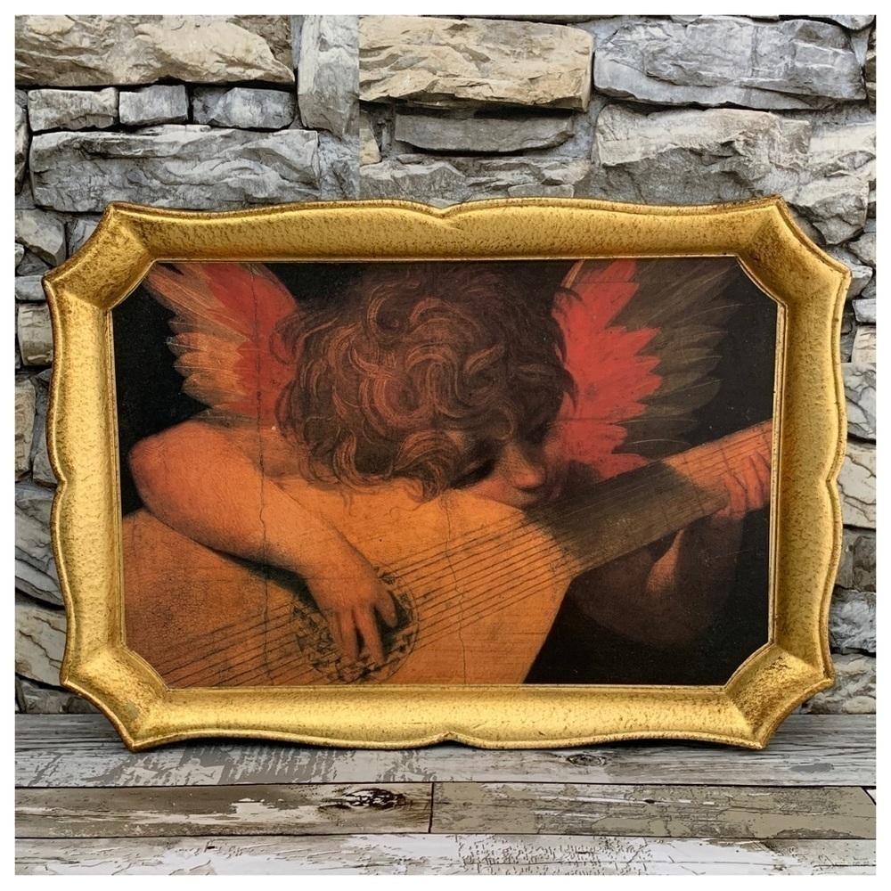 #22 Vtg Musical Angel Mandolin Italy Florentine Portrait Tray Rosso Fiorentino